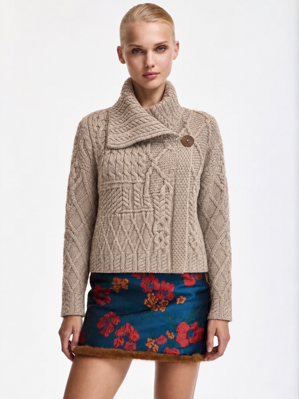 Carraig Donn Ireland Merino Wool Aran Patchwork Cable Knit Single Button Sweater